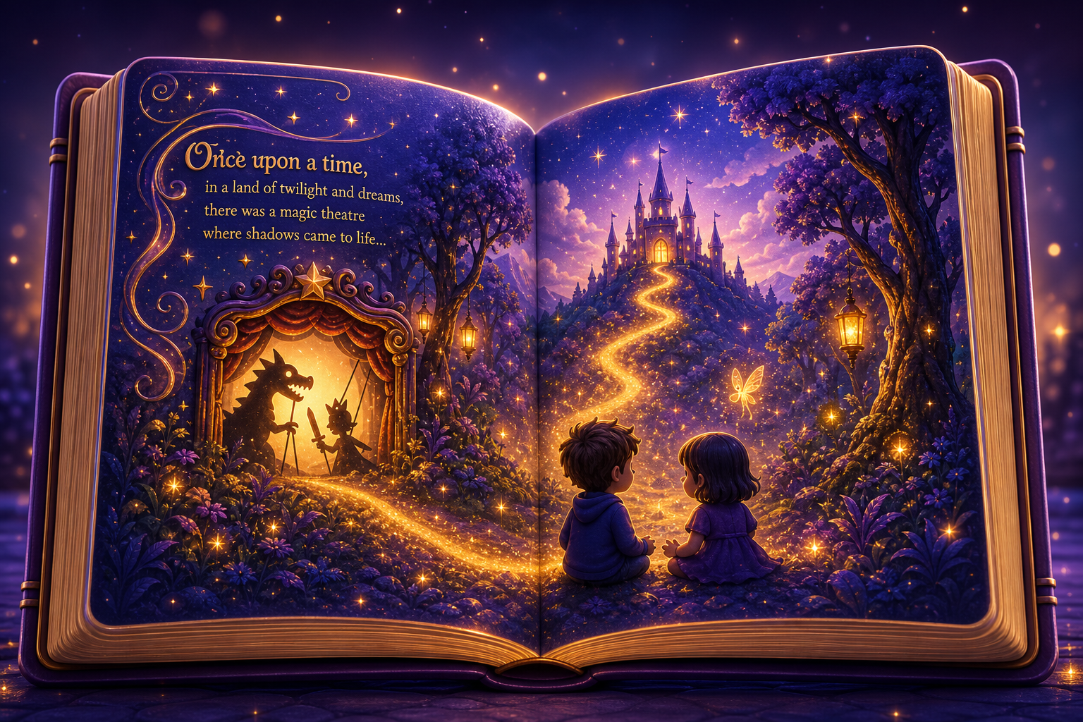 A magical open storybook under a starry sky